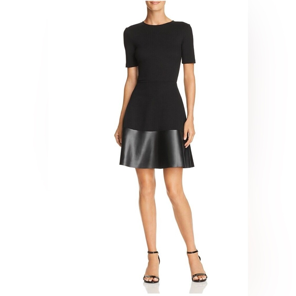 NWT Aqua Black Dress Faux Leather Skirt Short Sleeve Chic Size Large